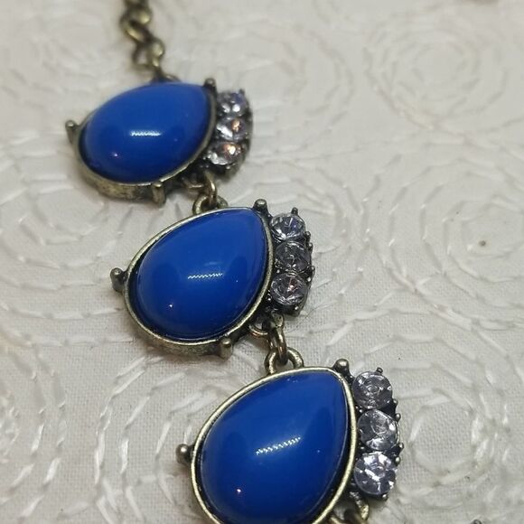 J.Crew Blue Necklace Oval Drop Rhinestone Link Station Statement Antique Gold - Picture 6 of 9